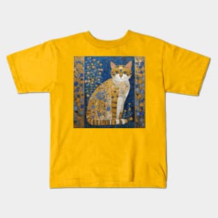 Klimt Orange Tabby Cat in a Blue Flower Garden Kids T-Shirt